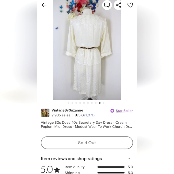 Vintage 80s Does 40s Medium Cream Peplum Midi Secretary Day Dress - Picture 2 of 3